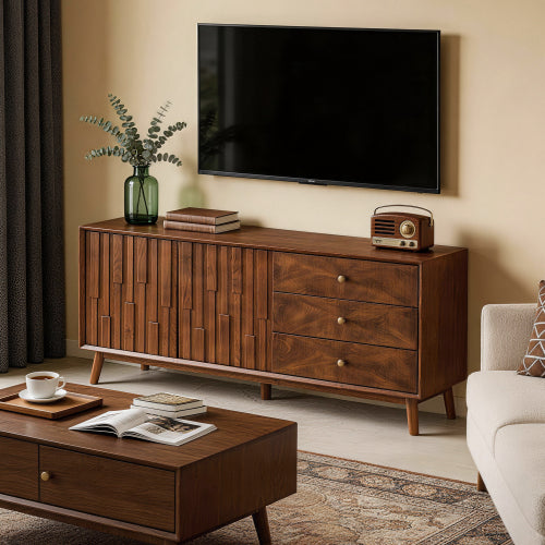 56 Inch Walnut Brown Mid Century TV Stand Sideboard with 3 Drawers & Double Door Storage Cabinet