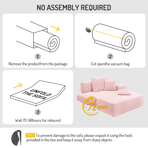 Oversized Baby Pink Corduroy Convertible Sofa Bed w/Storage Pockets