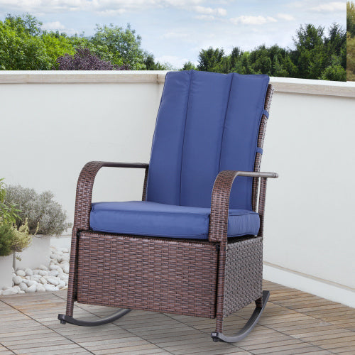 Outsunny Wicker Outdoor Rocking Chair, Patio Recliner with Adjustment Backrest, PE Rattan Lounge Chair with Adjustable Footrest and Cushions for Garden, Backyard, Porch, Blue