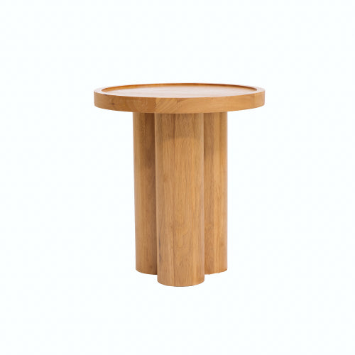 Round Solid Wood End Table Natural Oak Veneer Pedestal Side Table
