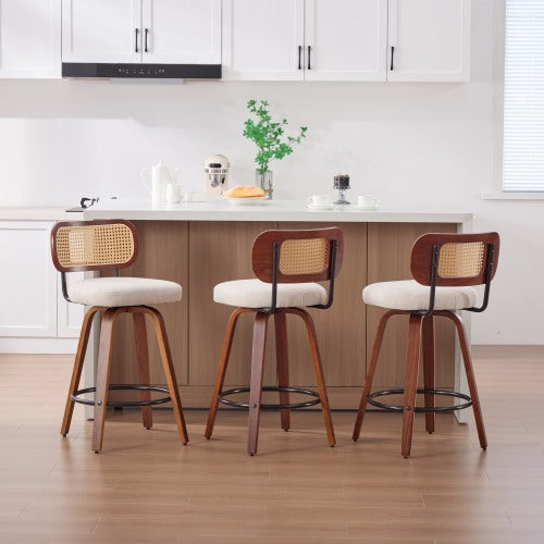 Set of 3, 26-Inch Counter Height Bar Stools - Walnut Black, Cane Rattan Back, Beige Linen Upholstered Seat, Swivel Design for Kitchen Island/Bar/Counter