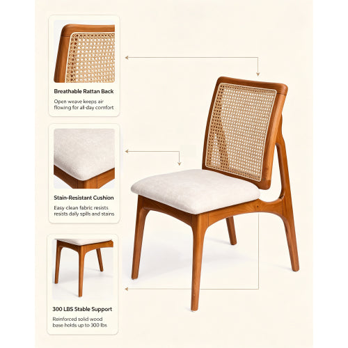 Mid Century Rattan Dining Chairs Set of 2, Solid Rubber Wood Side Chairs with Cane Rattan Back