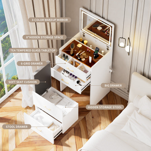 3 in 1 Vanity Desk with open Top Mirror,Make Up Vanity Set with Visible Glass Desktop,Compact Makeup Vanity with 3 Drawers and stool,Dressing Table for Bedroom