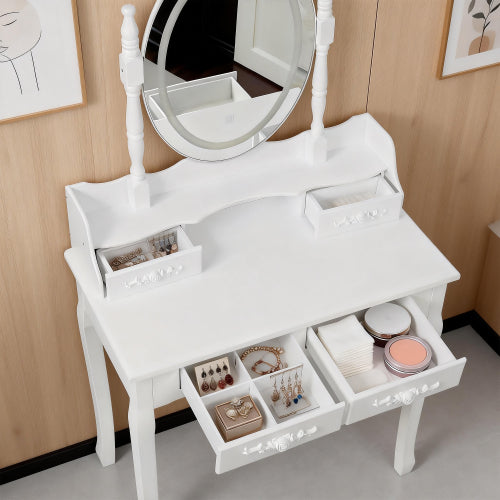 White Princess Vanity Desk Set with Mirror & Cushioned Stool,Light Modes,4-Drawer Wooden Makeup Vanity Table for Girls' Bedroom, Dressing Table with Ample Storage