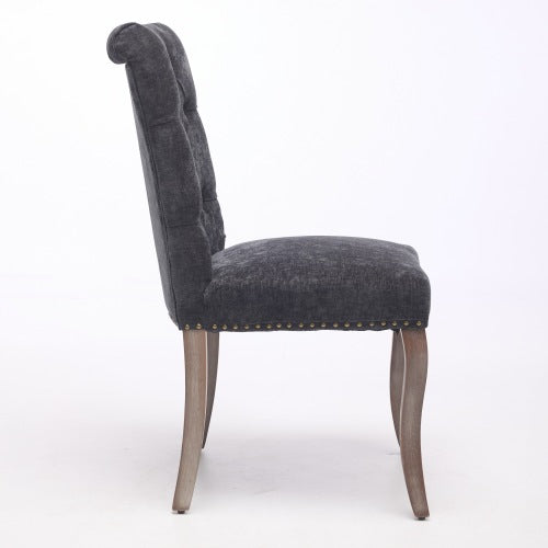 Upholstered Chenille Dining Chair Set of 2, Tufted Accent Chair with Curved Solid Wood Legs, Black