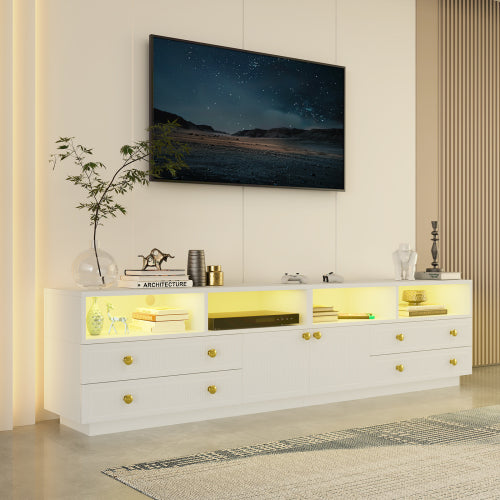 White High Gloss TV Stand for 100 Inch Wall TV with RGB LED Lights & Multi Storage