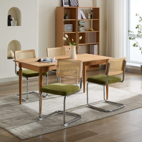 Mid Century Modern Dining Chairs Set of 2, Velvet Accent Chairs with Natural Cane Back and Stainless Chrome Base, Olive Green
