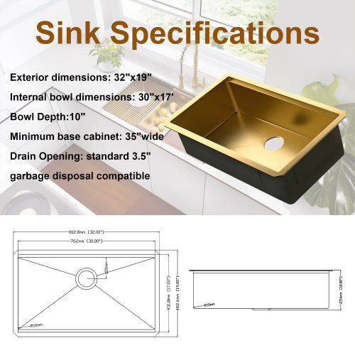 32 Gold Undermount Workstation Kitchen Sink-32 x 19 Inch 16 Gauge Stainless Steel Undermount Kitchen Sink
