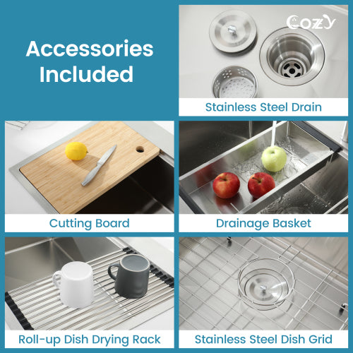 Stainless Steel Kitchen Sink, 30″x22″ Single Bowl, Overmount Handmade Sink in Brushed, with Cutting Board, Colander, Grid, SS-BR-08