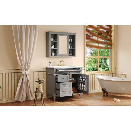 36'' Bathroom Vanity with Top Sink, Modern Bathroom Storage Cabinet with Mirror, 2 Drawers and a Tip-out Drawer, Mirror Cabinet with 6 Open Shelves, Single Sink Bathroom Vanity