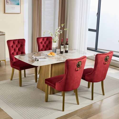Mid-Century Modern Velvet Dining Chairs Set of 2 with Lion Head Pull Ring, Tufted Upholstered Chair, Wine Red