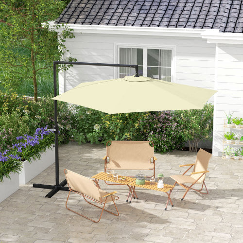 9.5FT Cantilever Patio Umbrella with Crank, Cross Base and Air Vent, Round Hanging Offset Umbrella, Heavy Duty Outdoor Umbrella for Garden, Pool, Backyard, Deck, Beige