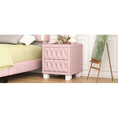 Elegant Velvet Nightstand with 2 Drawers and Crystal Handle, Storage Bedside Table with Button-Tufted, Pink