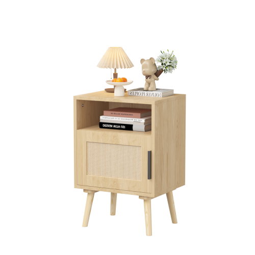 22.83'' H Rattan Nightstand, Side Table with Door Open Shelf, Accent Bedside End Table with Solid Wood Legs for Bedroom, Dorm and Small Spaces, Oak