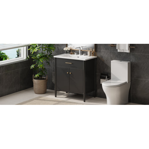 31" Bathroom Vanity with Sink, Bathroom Cabinet with Soft Close Doors and Adjustable Shelf, Curved Profile Design, Rubber Wood Legs, Black