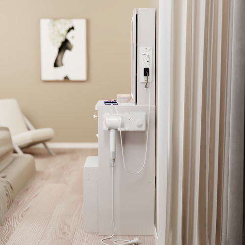 29.2inch Small Size Left Bedside Cabinet Vanity Table + Cushioned Stool, 2 AC+2 USB Power Station, Hair dryer bracket, Extra Large Touch Control Sliding LED Mirror, Tri-color Switching, Brightness Adjust
