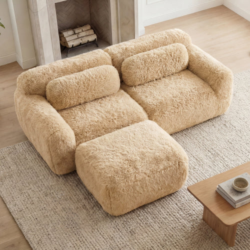 Light-Khaki L-Shape Plush Boneless Modular Sofa with Chaise Pillows