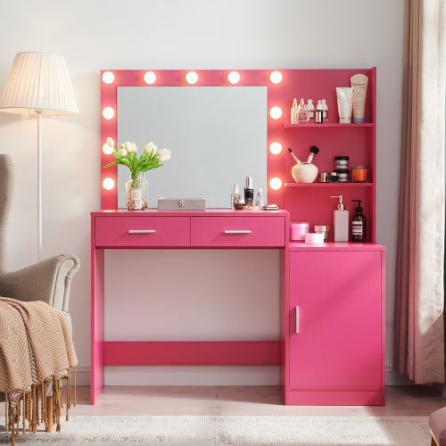 Rose Pink Vanity Desk with Mirror & Lights, 46.4IN Dressing Table, 2 Large Drawers & Vertical Organizer, 3 Lighting Modes