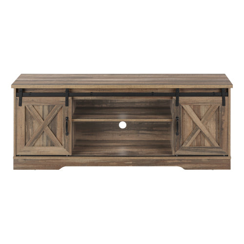 60 Inch Reclaimed Brown Farmhouse TV Console with Sliding Barn Doors & Multi Storage Zones