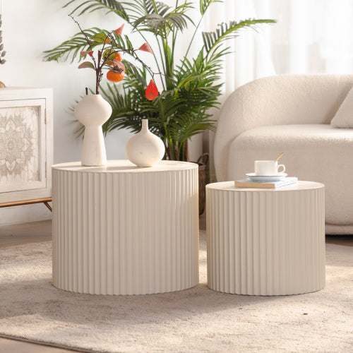 2-Piece Beige Nesting Drum Coffee Table with Wave Stripes