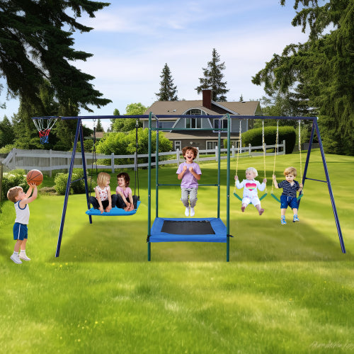 4 in 1 Swing Set With Belt Swing, Hammock Swing, Trampolone,Basket Rim for Backyard