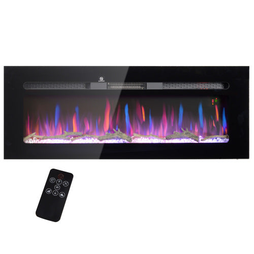 HOMCOM 50" Electric Fireplace Recessed and Wall Mounted with Remote Control, 1500W Fireplace Heater with 8H Timer, Adjustable Flame Color and Brightness, Log and Crystal