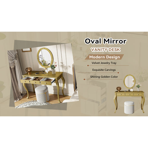 Gold Luxury Oval Mirror Vanity Desk, 41.0 inch *17.5 inch Tabletop, 3 Drawers, Decorative Console for Entryway & Bedroom