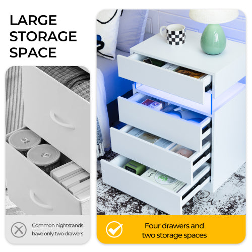 Nightstand with LED Lights, 4 Drawer Bedside Table, Modern Storage Cabinet, White Side Table for Bedroom Living Room