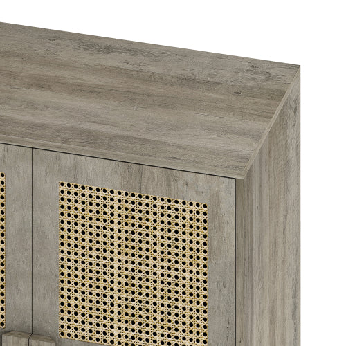 4-Doors Rattan Mesh Storage Cabinet, Sideboard with Eight Storage Spaces, for Entryway, Living Room, Hallway (Grey with Woodgrain)