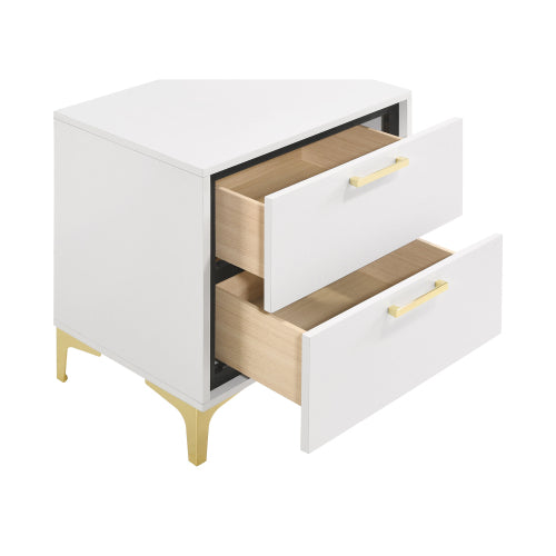 White and Gold 2-Drawer Nightstand, Modern Bedside Table with Gold Metal Accents