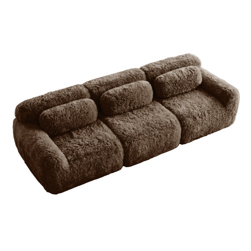 114 inch Chocolate Plush Modular Sectional Sofa,Buckle Connection,No Assembly,Throw Pillows
