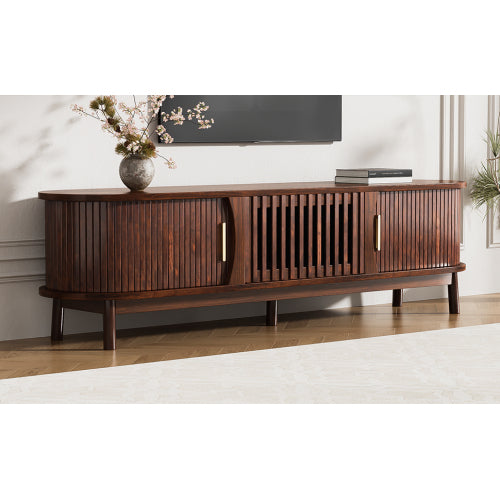 Dark Brown Farmhouse Style TV Stand Suitable For 75 Inch TV Solid Wood Leg Entertainment Cabinet