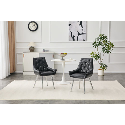 Set of 2 Black Crocodile Pattern PU Dining Chairs, Diamond Tuft Chrome Metal Leg Luxury Accent Chairs