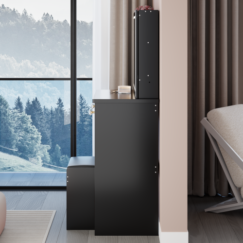 37inch Middle Size Left Bedside Cabinet Vanity Table + Cushioned Stool, Extra Large Right sliding mirror, Multi Layer High Capacity Storage, Practical Fashionable Dresser, Suitable For Middle Space