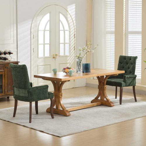 Single Olive Green Chenille Tufted Arm Dining Chair, Curved Hand Sanded Solid Wood Legs 300lbs Capacity
