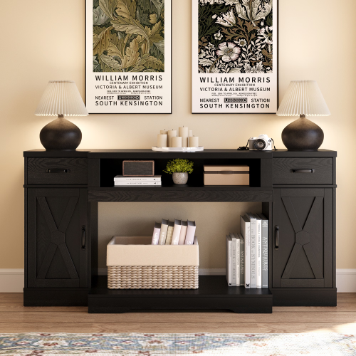 Black Farmhouse 65 inch TV Stand with Adjustable Shelves and Storage