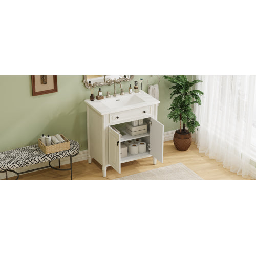 31" Vintage Bathroom Vanity with Sink, Faux Aged Finish, Rustic Bathroom Cabinet with Soft Close Doors and Adjustable Shelf, Curved Profile Design, Rubber Wood Legs, White