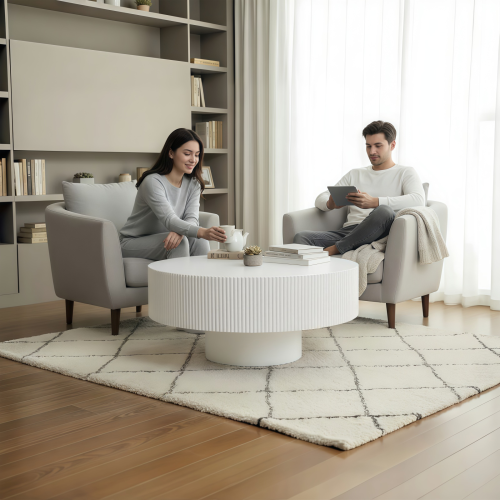 White Round Fluted Pedestal Coffee Table, Mid-Century Modern
