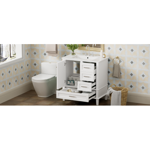 30" Bathroom Vanity , Modern Bathroom Cabinet with Sink Combo Set, Bathroom Storage Cabinet with a Soft Closing Door and 3 Drawers, Solid Wood Frame(White)