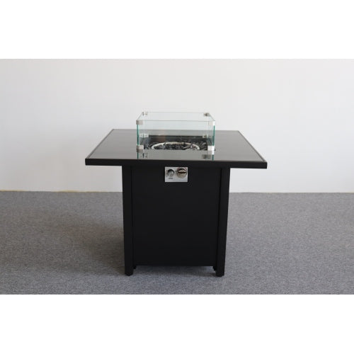 30" Black Powder-Coated Metal Fire Pit with Smoked Glass Top