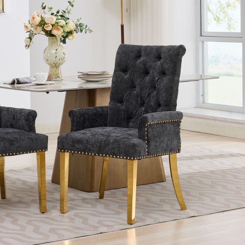 Single Black Tufted High-Back Chenille Arm Dining Chair, Nailhead Trim, S-Spring Cushion, Polished Stainless Steel Legs