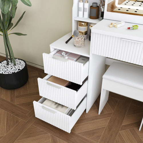 White LED Lighted Makeup Vanity Table with 4 Drawers & Shelves, Power Outlet, Dryer Holder & Chair, Modern Bedroom Dresser