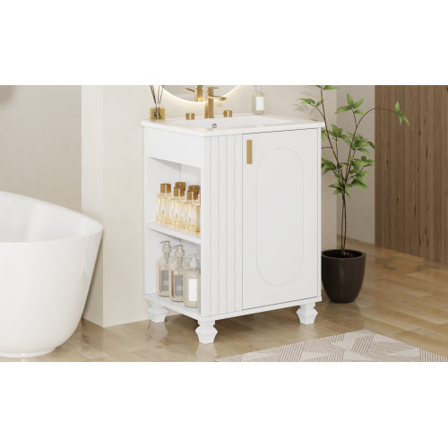 24" Bathroom Vanity with Sink, Bathroom Cabinet with Door Shelf, Side Open Storage, Solid Wood Frame,Soft Closing Door, White
