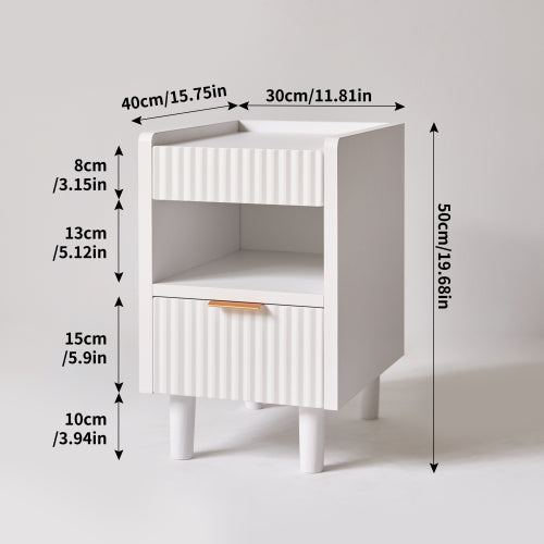 2 Pack White Fluted Nightstand, Integrated Base Bedside Table with Drawer & Open Cubby
