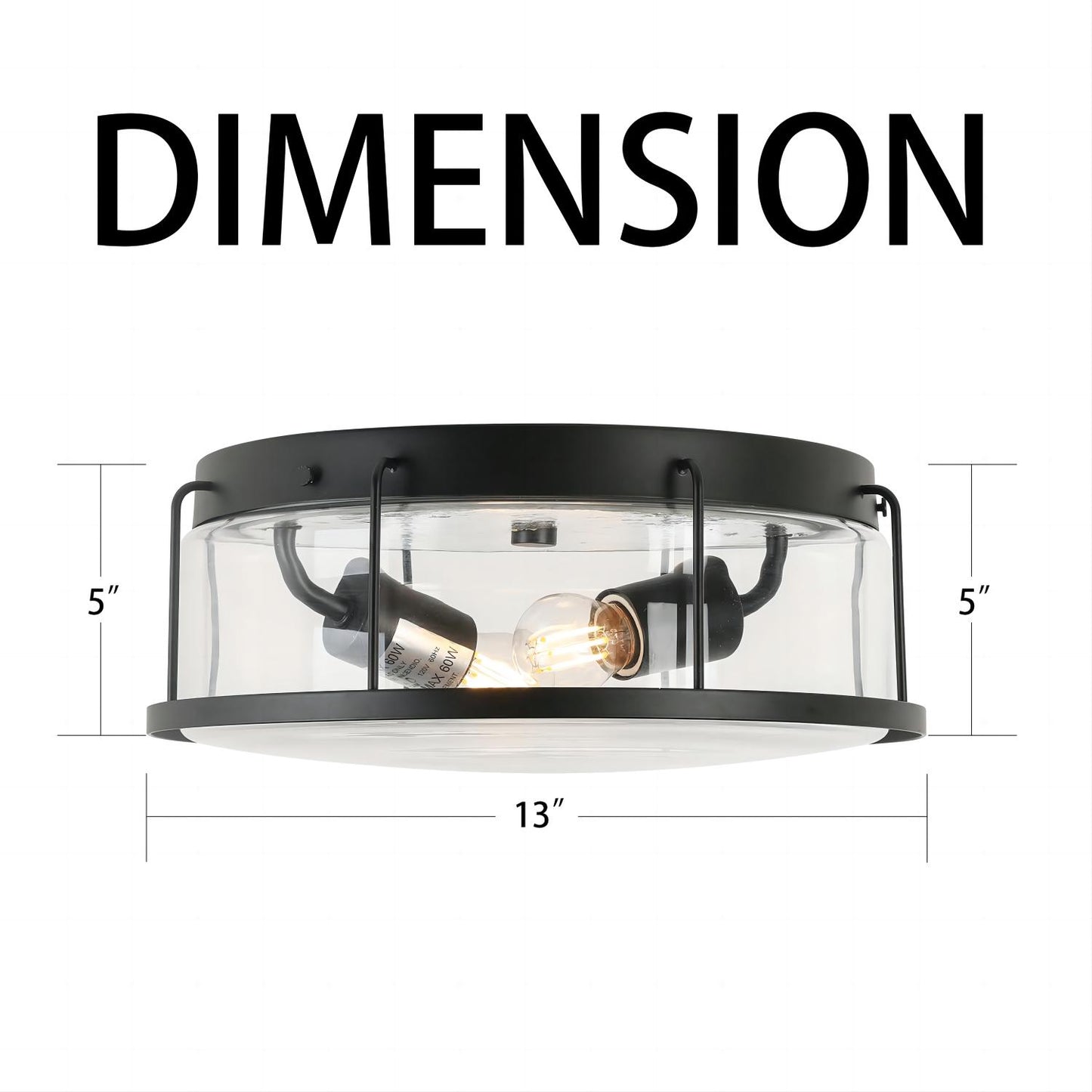 2-Light flush mount Indoor drum shape Matte Black + Clear Glass Ceiling Light