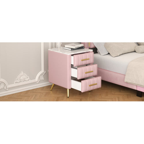 Upholstered Wooden Nightstand with 3 Drawers and Metal Legs&Handles, Bedside Table with Marbling Stickers Worktop - Pink