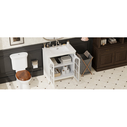 31" Farmhouse Bathroom Vanity with Ceramic Sink, Faux Aged Finish, Vintage Rustic Bathroom Cabinet with Bronze Pulls and 2 Soft-Closing Doors, Antique White