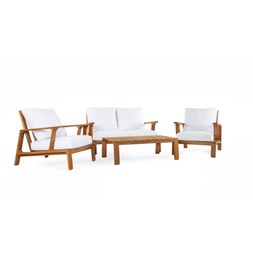 4 Pieces Outdoor Sofa Set 4-person Patio Seating Group Outdoor Conversation Set with Cushions and a Coffee Table for Patios, Gardens, or Balcony, Teak Finish +White Cushion