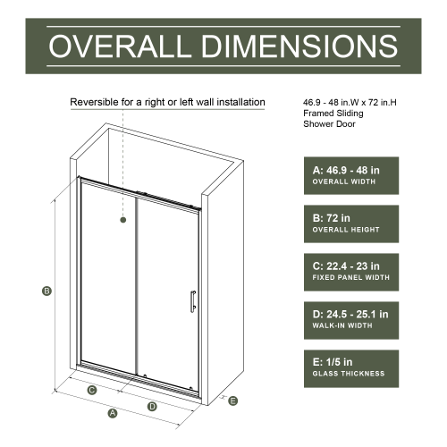 48.in W x 72.in H Single Sliding Shower Door, 1/5 inch Thick Clear Tempered Glass Shower Door with Stainless Steel Handle, Black