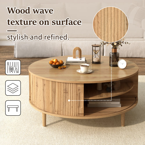 Round Lift Top Coffee Table Storage Sliding Door Pine Wood Legs Modern Wave Grain